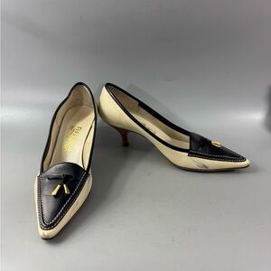 Authentic Salvatore Ferragamo Beige/Black Kitten Heel Pumps, Size 9B